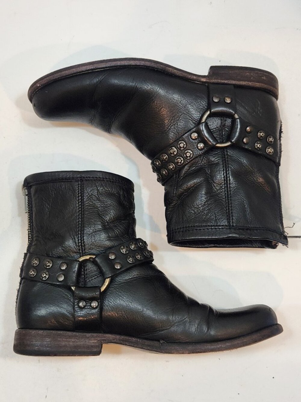 Frye Phillip Studded Harness Black Leather Moto Ankle Boots 7B